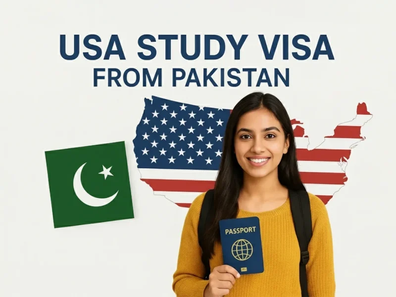 Female student with passport, USA and Pakistan flags, text "USA Study Visa from Pakistan